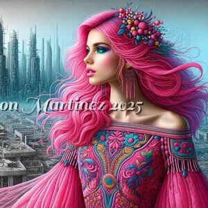 Canvas print of a princess in front of a dystopian cityscape